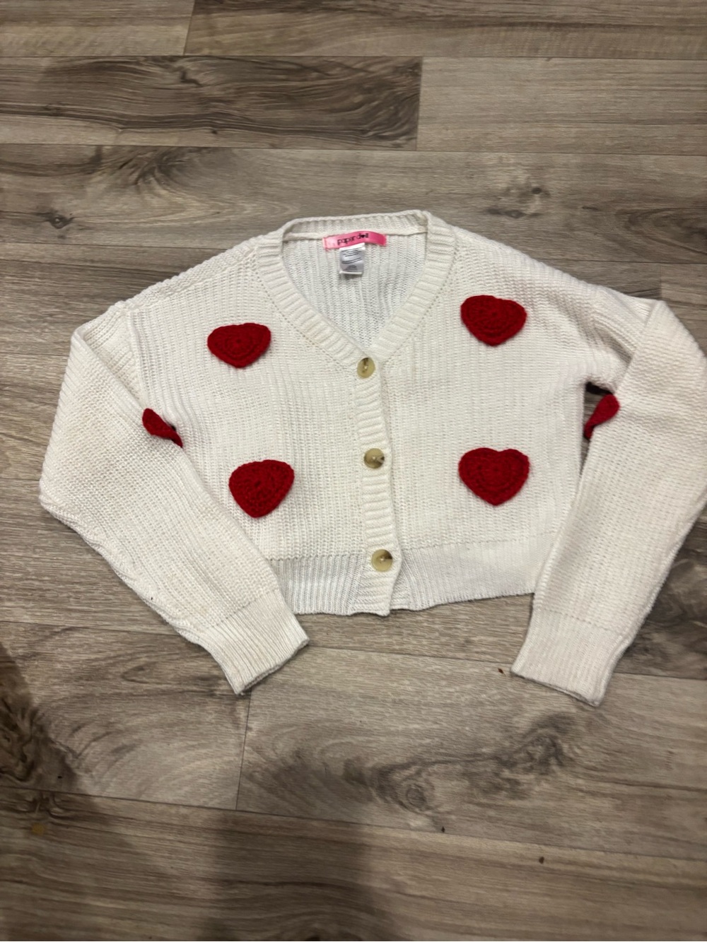 paper doll White Cropped Cardigan with Red Heart Appliqués